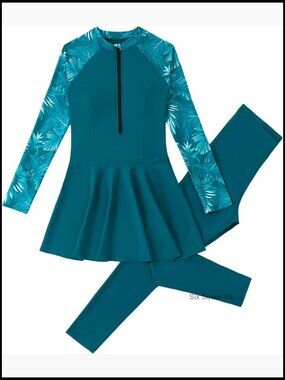 Full Coverage Long Sleeve Rash Guard Swimsuit with Pants UPF 50+ Modest Swimwear